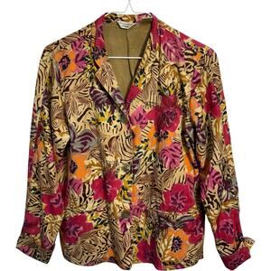 Laura Ashley Petite PS Silk Colorful Floral Blazer Abalone Buttons Light Travel